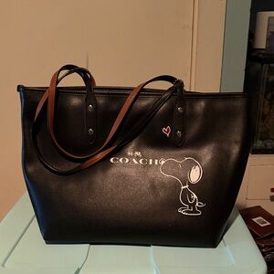 Coach Black Snoopy Graphic Leather Tote with Brown Straps